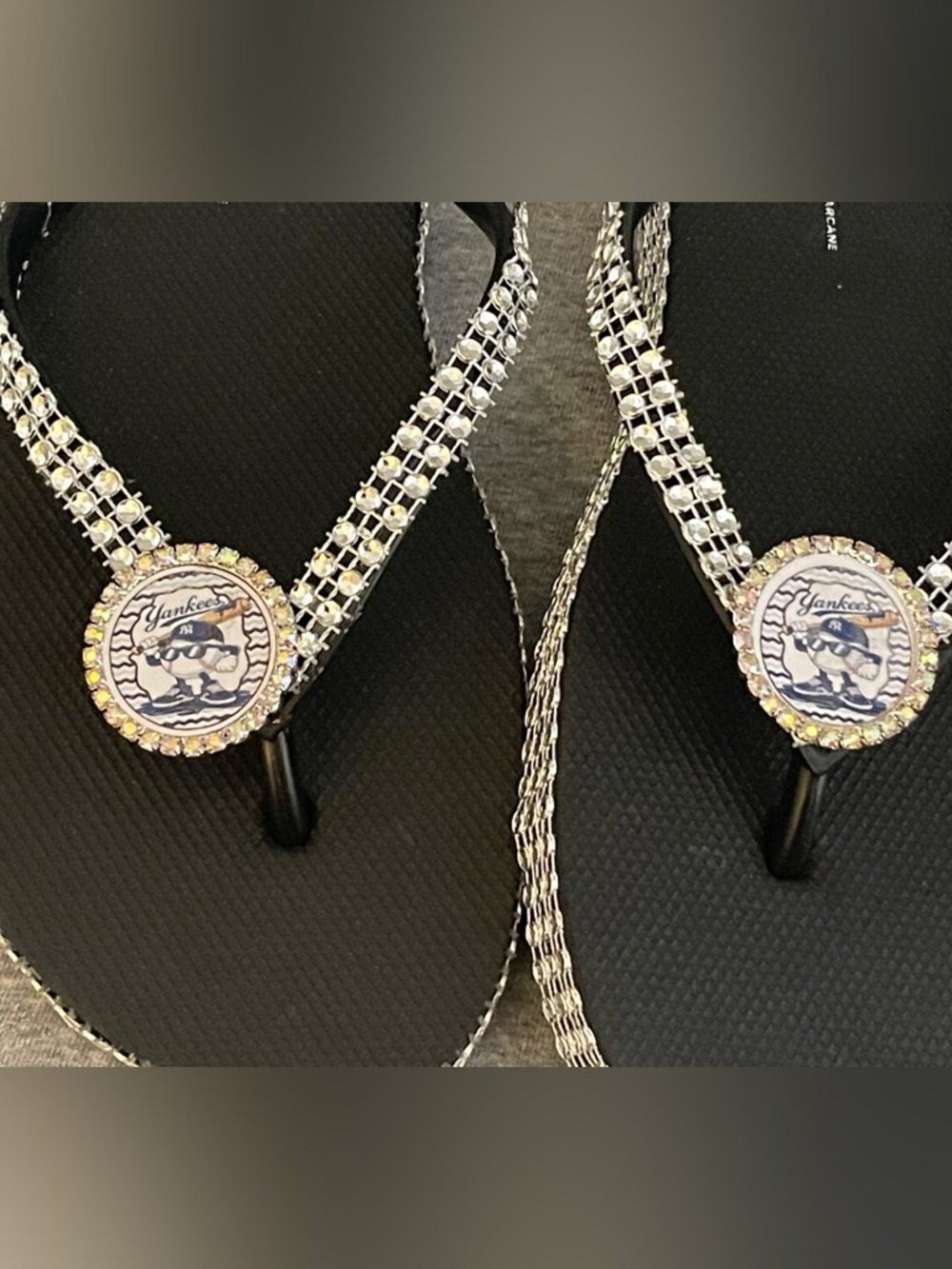 Rhinestone Embellished Flip Flops with Yankees Medallion - Black & Silver